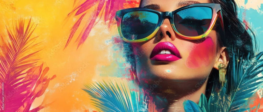 Closeup of a stylish adult woman with pink lipstick and sunglasses, against a vibrant abstract background with palm leaves Concept of summer, fashion, and beauty Closeup of a stylish adult woman with pink lipstick and sunglasses, against a vibrant abstract background with palm leaves Concept of summer, fashion, and beauty