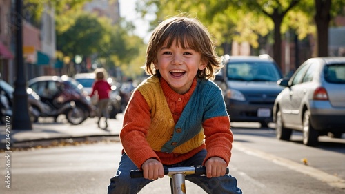 Joyful young child riding a small bike through a vibrant urban street, surrounded by greenery and busy city life on a sunny day