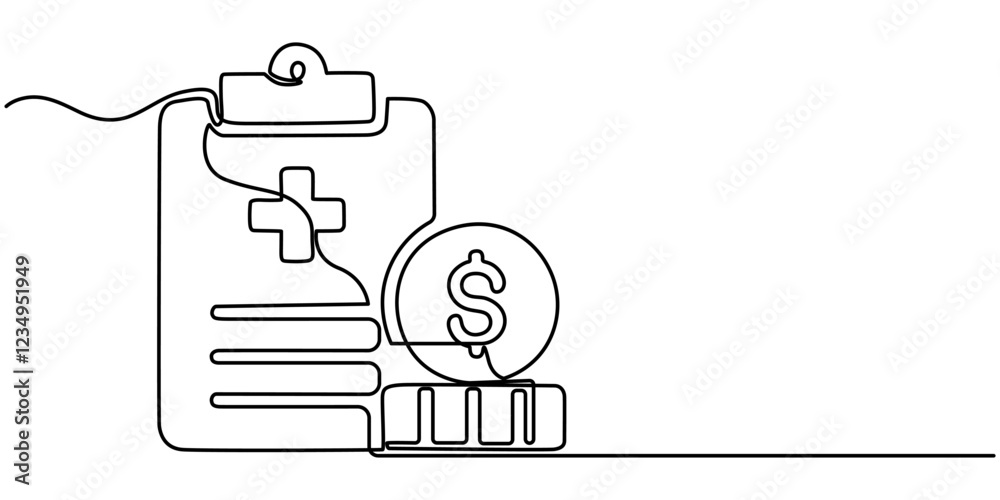 Continuous one line drawing clipboard in doctor. Doctor takes notes in clipboard. Medical report background. Patient care check list template. Single line draw design vector graphic illustration, pro. Continuous one line drawing clipboard in doctor. Doctor takes notes in clipboard. Medical report background. Patient care check list template. Single line draw design vector graphic illustration, pro.