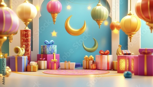 Festive Ramadan Gifts and Lanterns Colorful 3D Render of Eid Celebration photo