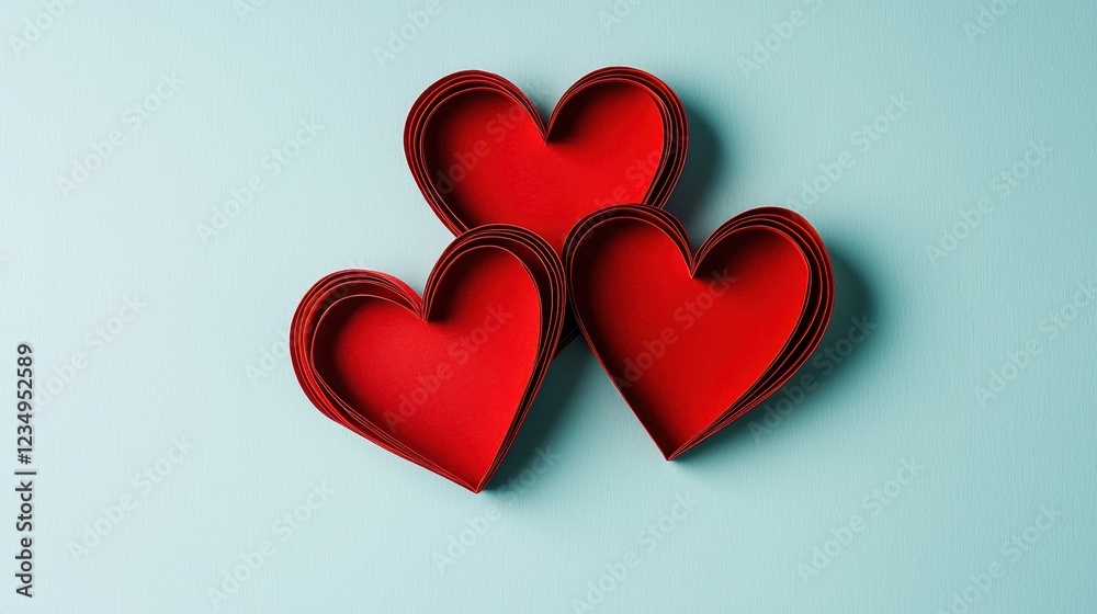 Three red heart shapes on a light blue background. Three red heart shapes on a light blue background.