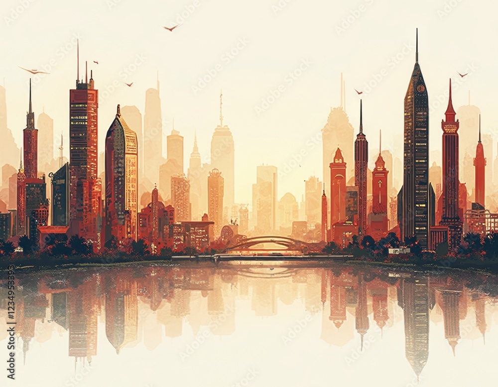 Obraz premium Urban City Skyline with Skyscrapers and Tower