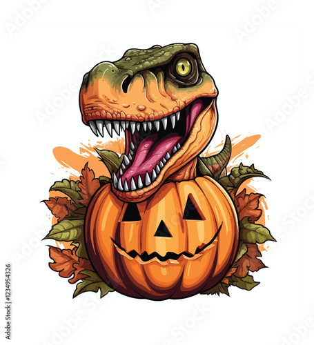 A close up of a cartoon dinosaur with a pumpkin in its mouth generative ai
