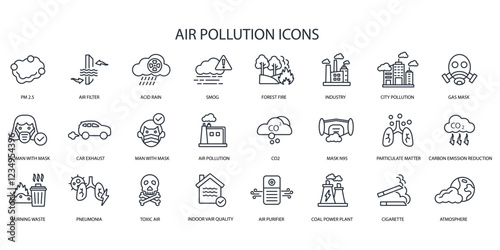 Air Pollution icon set.vector.Editable stroke.linear style sign for use web design,logo.Symbol illustration.