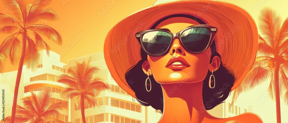Stylish woman with sunglasses and sun hat enjoying summer vacation in tropical beach resort with palm trees and orange sky Concept of travel, leisure, and relaxation Stylish woman with sunglasses and sun hat enjoying summer vacation in tropical beach resort with palm trees and orange sky Concept of travel, leisure, and relaxation