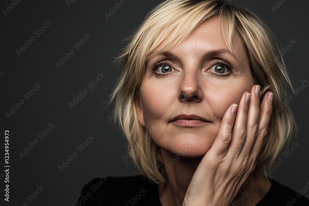 Blonde Middle-Aged Woman with Thoughtful Expression Blonde Middle-Aged Woman with Thoughtful Expression