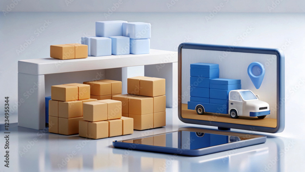 Obraz premium A collection of geometric boxes in shades of tan and blue are stacked on a white shelf, while a digital tablet displays a 3D rendering of a truck with boxes and a location pin. AI