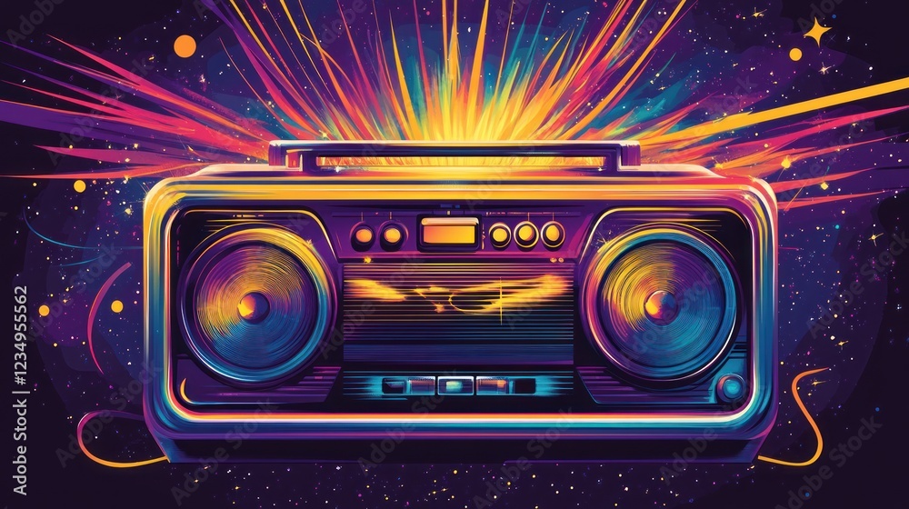 Fototapeta premium Retro boombox cosmic explosion; vibrant 80s music poster
