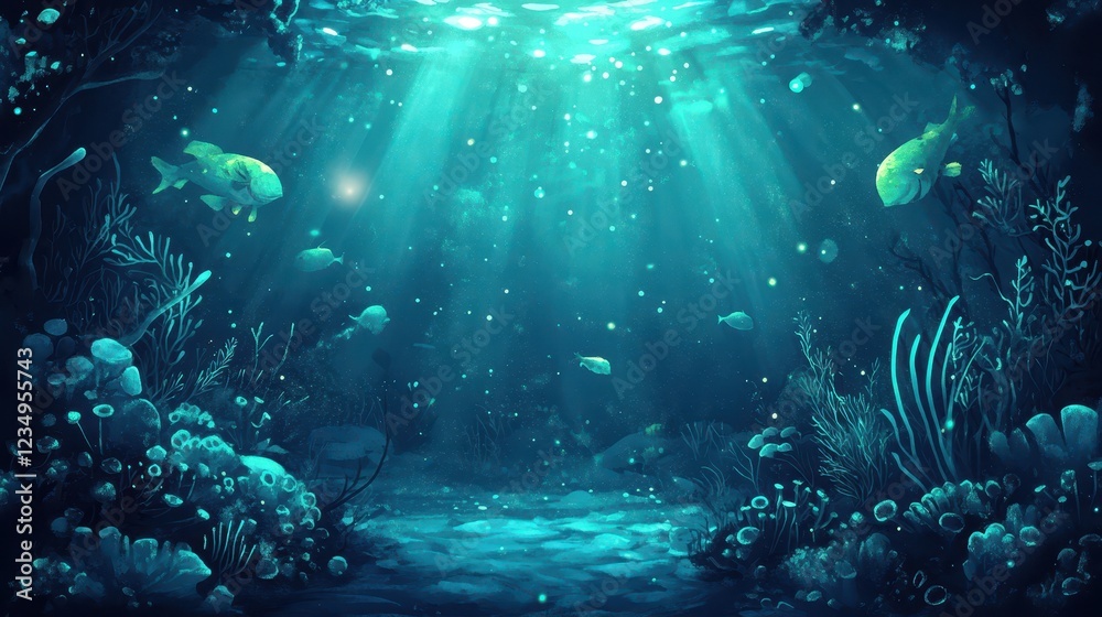 Fototapeta premium Sunlit Ocean Floor Scene With Fish and Coral