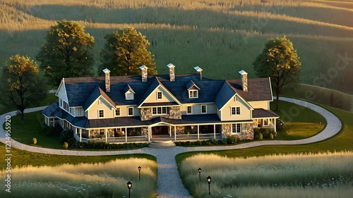 Elegant Country Estate with Expansive Porch, Manicured Landscape, Circular Driveway, and Scenic Rolling Hills

 photo
