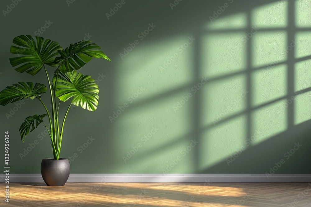 Fototapeta premium Sunlit green plant in pot against a shadowed wall.