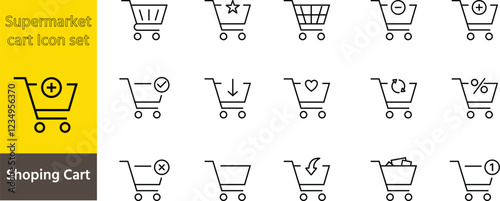 Shopping cart icon set, Shopping trolley in outline. Web cart in line. Shop symbol in black. Trolley icon set. Stock vector illustration
