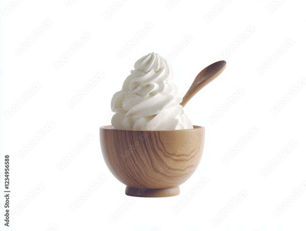 A serving of sour cream is displayed in a wooden bowl with a wooden spoon. The background is white, emphasizing the creamy texture. A serving of sour cream is displayed in a wooden bowl with a wooden spoon. The background is white, emphasizing the creamy texture.