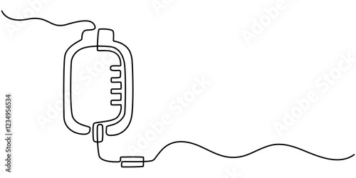 Blood Bag Continuous Line Illustration, IV Bag Infusion icon continuous one line drawing, Infusion one line drawing. Medical saline drip vector illustration, Medical equipment, World health day.