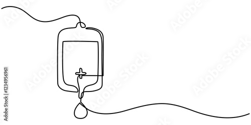 Blood Bag Continuous Line Illustration, IV Bag Infusion icon continuous one line drawing, Infusion one line drawing. Medical saline drip vector illustration, Medical equipment, World health day.