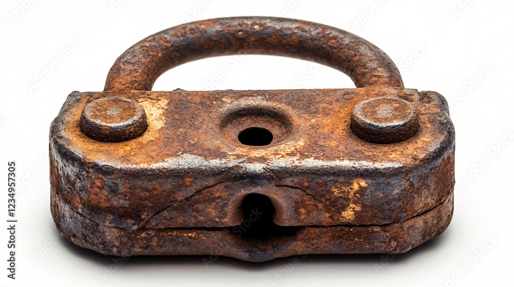 A weathered, rusty padlock displaying signs of age and wear, emphasizing its sturdy design and historical character. A weathered, rusty padlock displaying signs of age and wear, emphasizing its sturdy design and historical character.