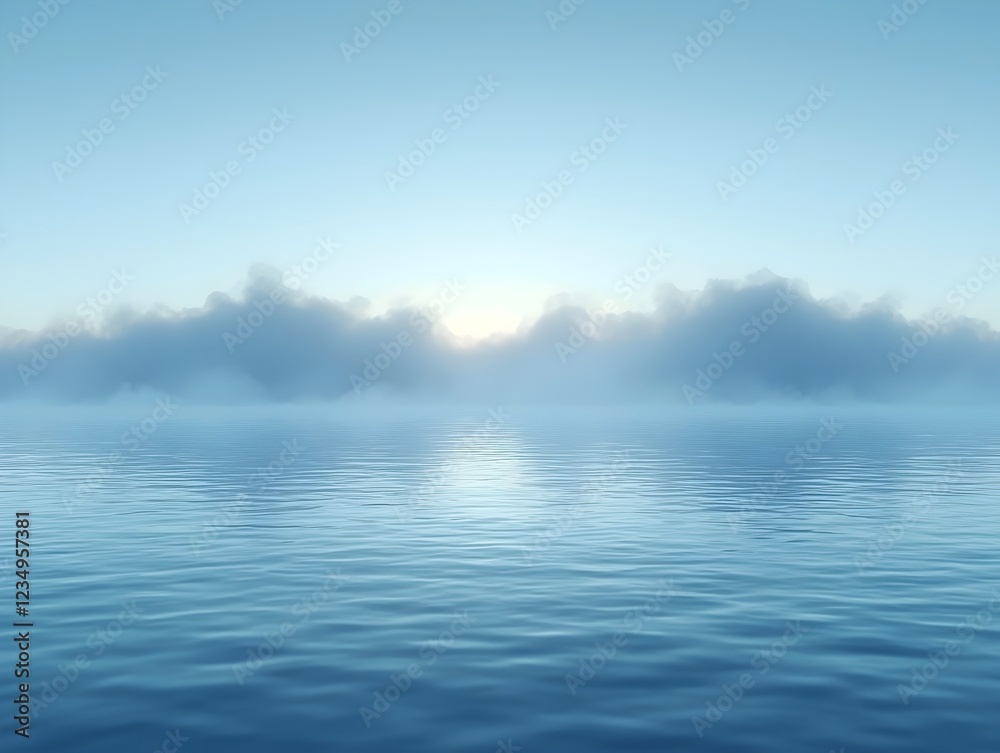 Obraz premium A serene view of a calm ocean reflecting soft blue hues and gentle mist. The ethereal fog hugs the horizon, creating a peaceful and tranquil atmosphere.