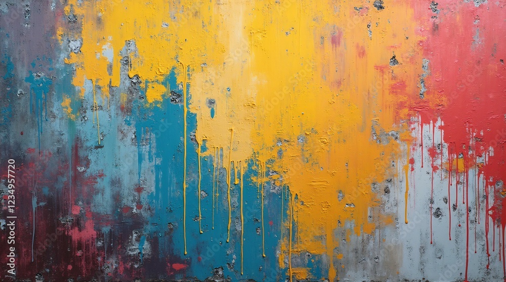 Fototapeta premium A Bold and Colorful Abstract Painted Wall Background With Dripping Yellow, Blue, and Red Paint.