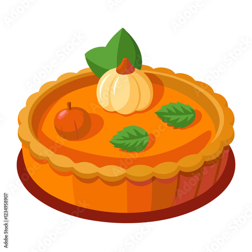 A mouthwatering pumpkin pie sits on a round platter, adorned with a small pumpkin, apple, and green leaves. Perfect for a festive Thanksgiving gathering, evoking warmth and tradition