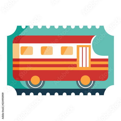 A vintage styled train ticket showcases a retro train design with vibrant colors against a white background, highlighting travel and adventure. Perfect for collectors or travel enthusiasts