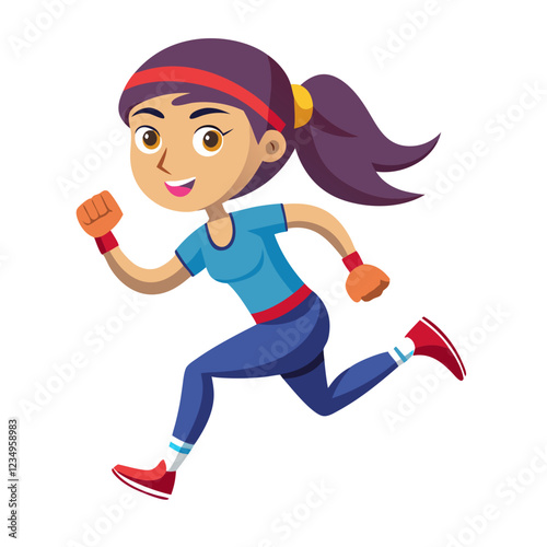 A cheerful woman is running swiftly, displaying enthusiasm and energy. She wears a bright athletic outfit, showcasing dedication to fitness in a lively outdoor environment