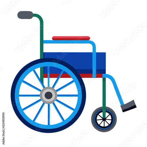 The illustration showcases a modern wheelchair, emphasizing its functional design and vibrant colors. It represents accessibility solutions for individuals with mobility challenges