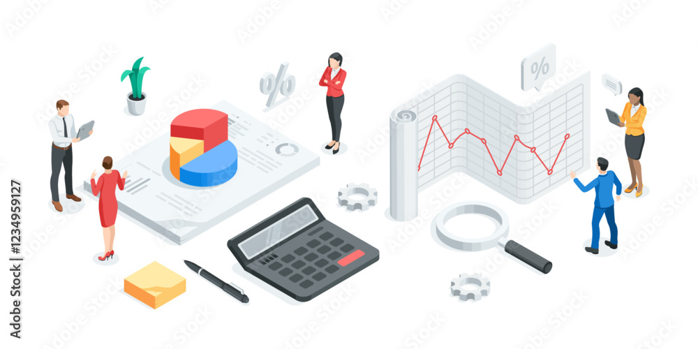 Fototapeta premium isometric vector business men and women work in team with statistics, in color on white background, financial data analysis and processing