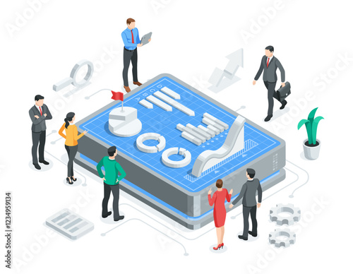 isometric vector business people analyzing a charts on digital display, in color on a white background, statistics data research and professional team work