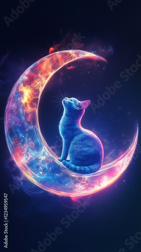 Dreamy fantasy black cat silhouette sitting on glowing flaming crescent moon dark night background illustration mobile phone wallpaper