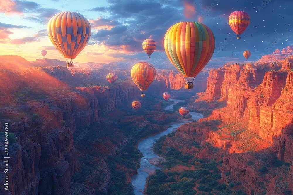 Obraz premium Hot Air Balloons Soaring Over Canyon River Landscape