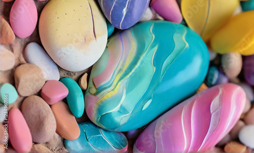 A vibrant collection of colorful, painted stones rests on a sandy surface. The smooth, rounded shapes and contrasting hues create a playful and artistic scene. photo