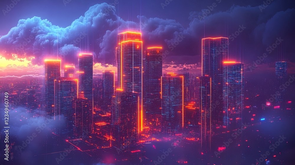 Cloud computing concept with a city and data streams connected by 5G network, high-tech and futuristic 