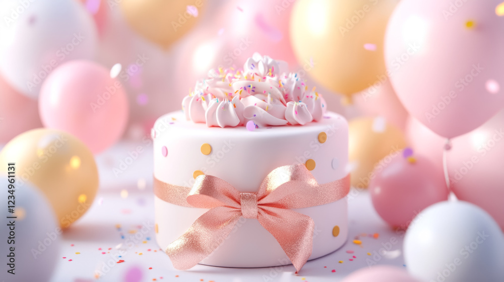 Festive birthday party close-up on cake and balloons with joyful atmosphere