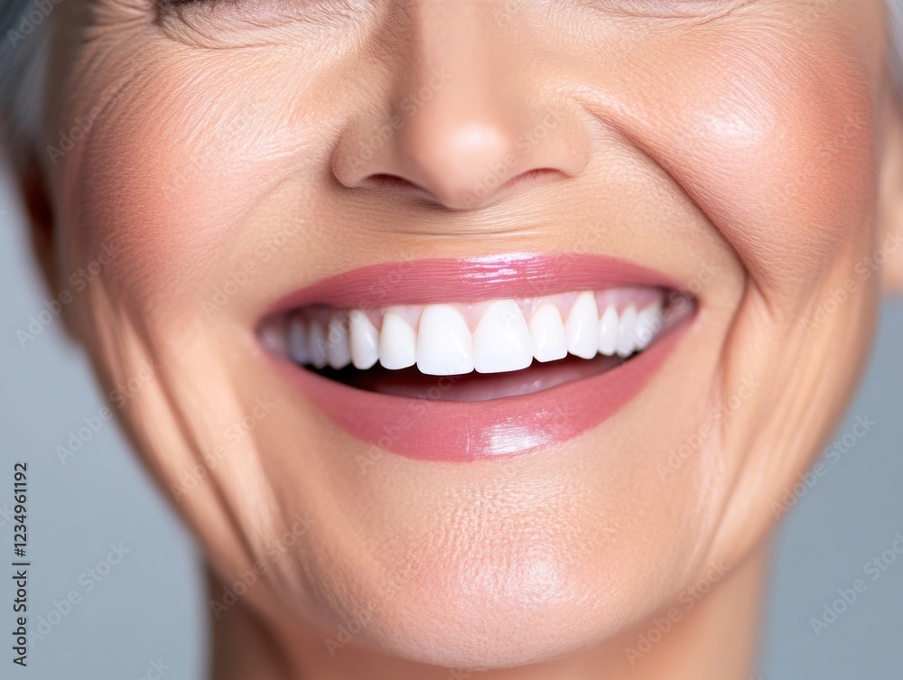 Obraz premium Close-up of a smiling elderly woman with perfect white teeth, showcasing her radiant and healthy complexion. The image exudes warmth and happiness.