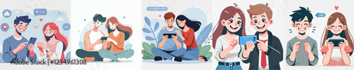 vector of a happy man and woman playing mobile phone