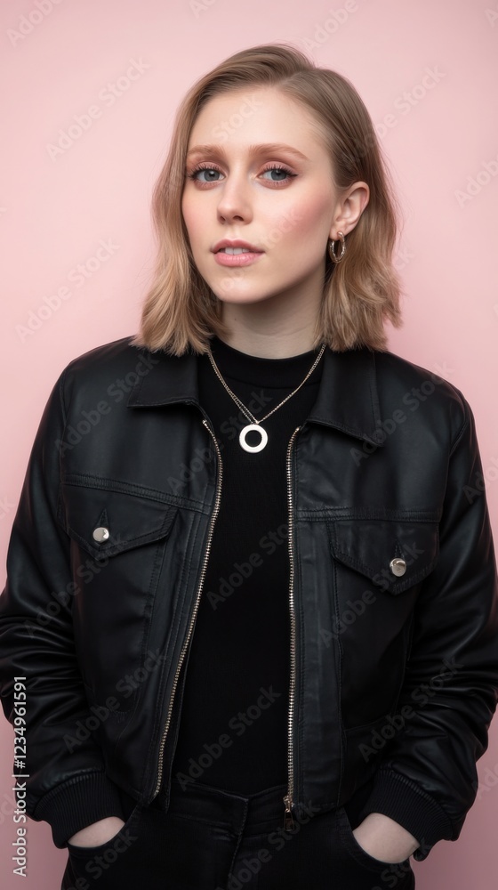 A charming blonde woman with a subtle smile, wearing a black leather jacket and layered necklaces, standing against a soft pink background.