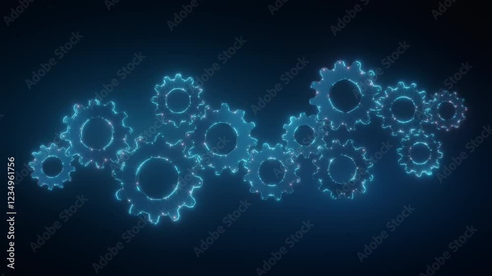 A 3D digital of interconnected glowing gears made of a futuristic network, symbolizing business automation, efficiency, teamwork, and technological innovation.