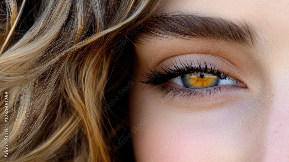 Close-up of female with blonde curls and captivating hazel eye Close-up of female with blonde curls and captivating hazel eye