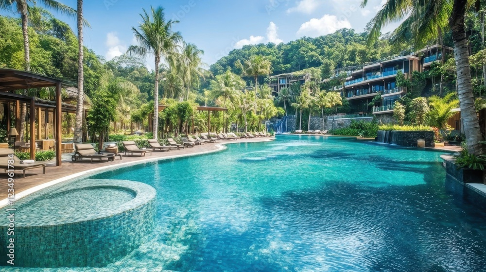 Fototapeta premium Scenic Resort Pool Oasis Surrounded by Lush Nature
