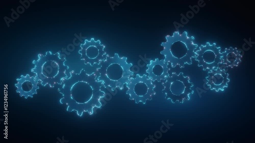 A 3D digital of interconnected glowing gears made of a futuristic network, symbolizing business automation, efficiency, teamwork, and technological innovation.
