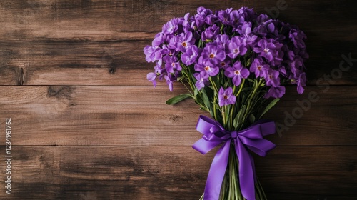 Purple flower bouquet tied with a purple ribbon on wood