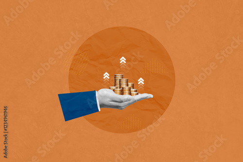 Investment, finance, saving money and business strategy concept Creative art collage of A human hand show a coins stack growing business Indicating business profits or successful Investment