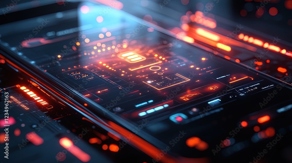 Close-up of a 5G smartphone displaying high-speed connection bars, digital icons floating around, sleek design Close-up of a 5G smartphone displaying high-speed connection bars, digital icons floating around, sleek design