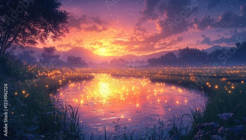 Serene Sunset Landscape With Fireflies Over Water