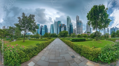 Public parks is surrounded by skyscrapers cityscape in the metropolis city center. Green environment city and downtown business district in panoramic view with cloudy sky