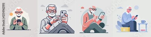 vector of a grandfather playing with a cellphone