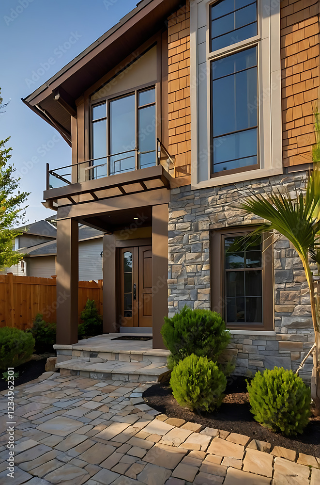 Luxury Modern Home Exterior: Stone and Wood Design, Balcony, Pathway Luxury Modern Home Exterior: Stone and Wood Design, Balcony, Pathway