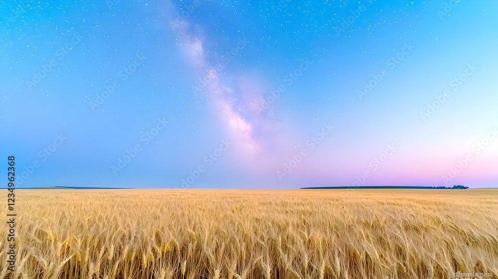 Milky Way over golden wheat field at night