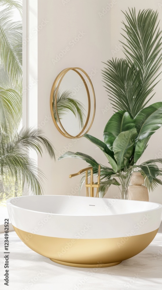 Fototapeta premium A modern bathroom interior features a sleek white and gold bathtub, surrounded by lush green plants and illuminated by natural light from a large window.