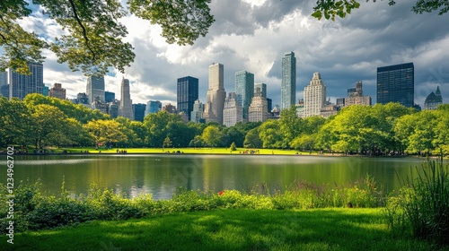 Public parks is surrounded by skyscrapers cityscape in the metropolis city center. Green environment city and downtown business district in panoramic view with cloudy sky